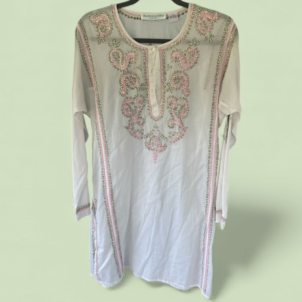 Graham Kandiah NWOT Elegant White Green and Pink Embroidered beaded Tunic Medium